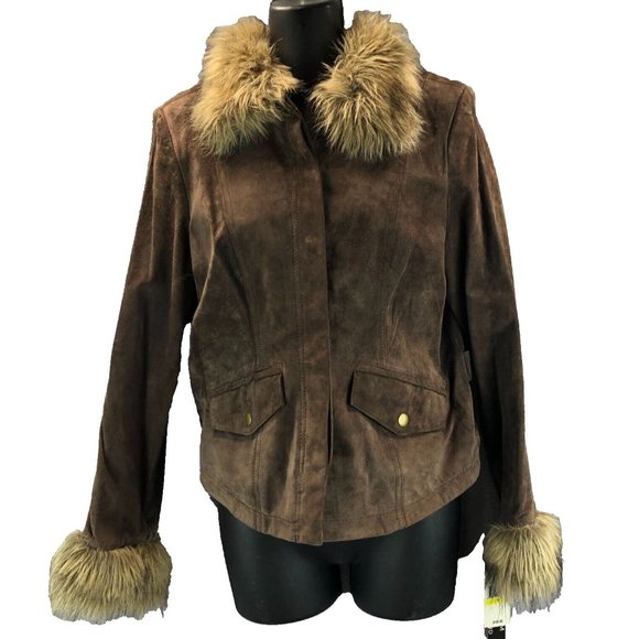 NWT John Paul Richard Womens Sz M Petite Brown Penny Lane Leather Suede Faux Fur - Picture 1 of 15